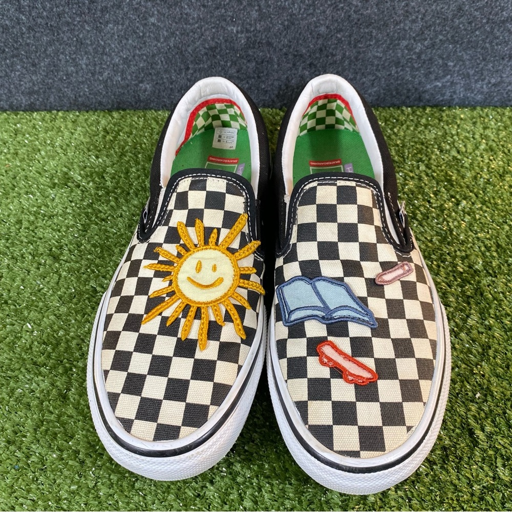 Vans Skateistan Slip On Sneakers Mens Size 8.5 Black White Checkered Patches